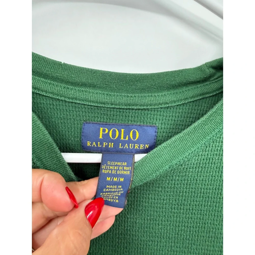 Polo Ralph Lauren Medium Thermal Shirt Mens Green Waffle Knit Long Sleeve Pony